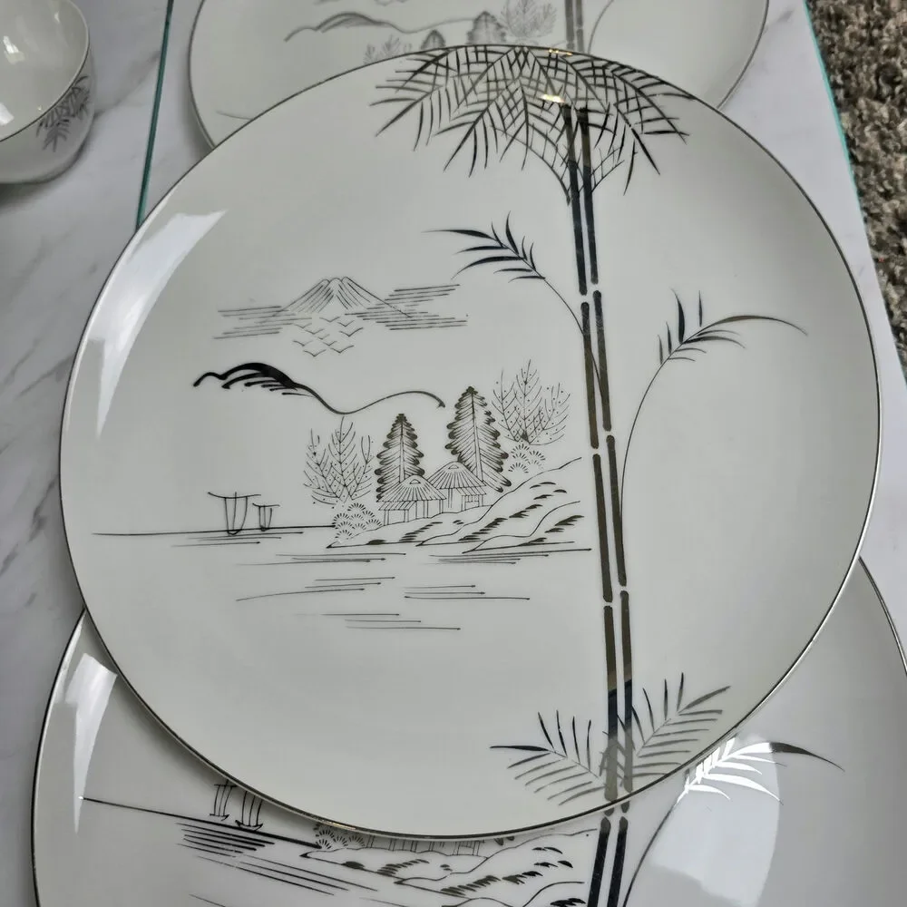 Vintage Meiyo China Nippon 1940s Silver Lithopane set of 4 plate 10 inch